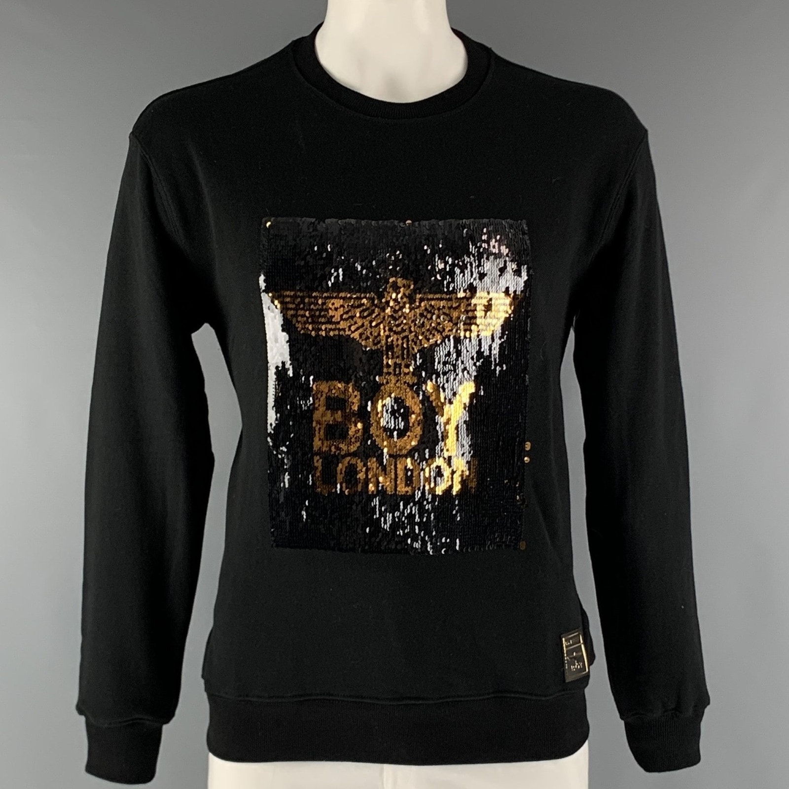 Boy London Size L Black Gold Sequined Logo Cotton Pullover Sweatshirt